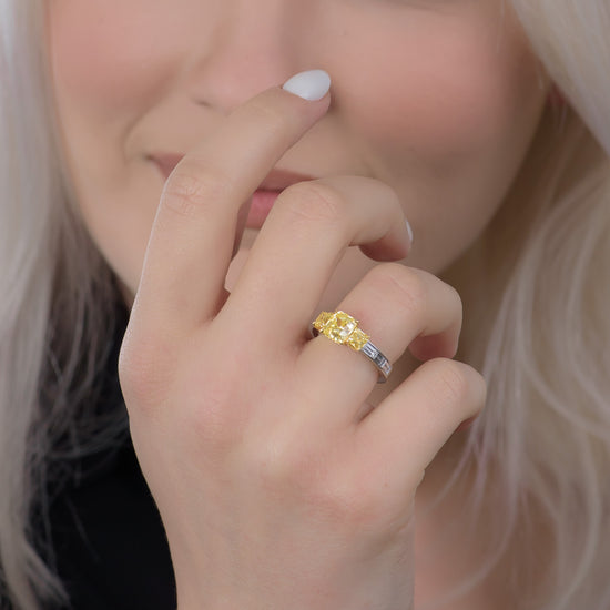  Fancy Vivid Yellow Asscher Side Stone Diamond Ring