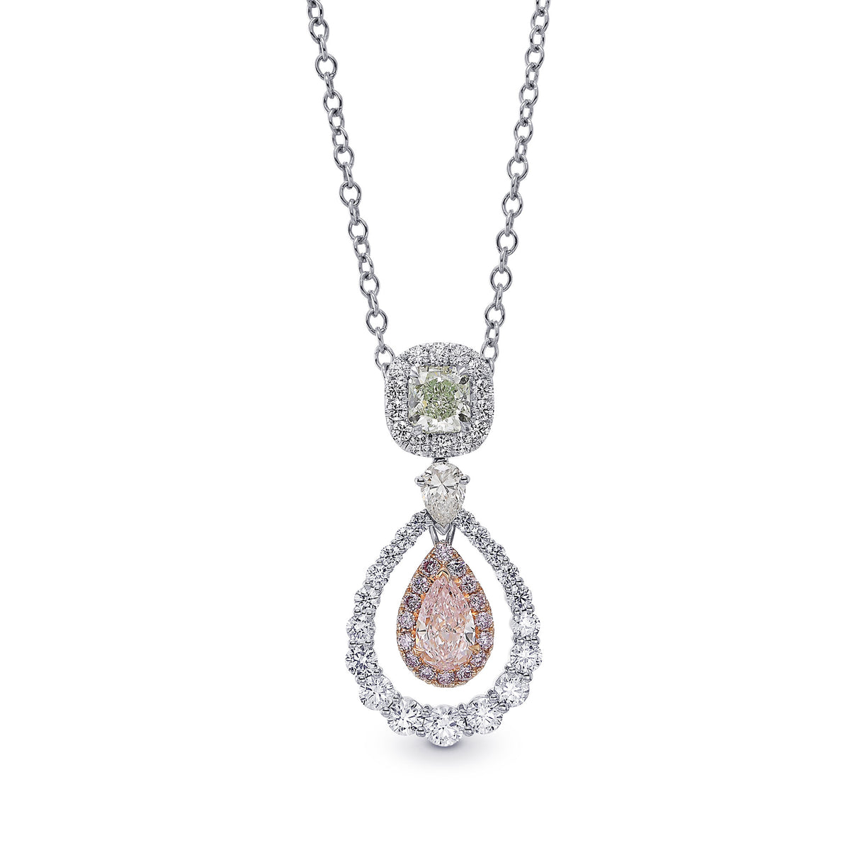 Fancy Light Green Radiant and Fancy Light Pink Pear Diamond Drop Halo Pendant 