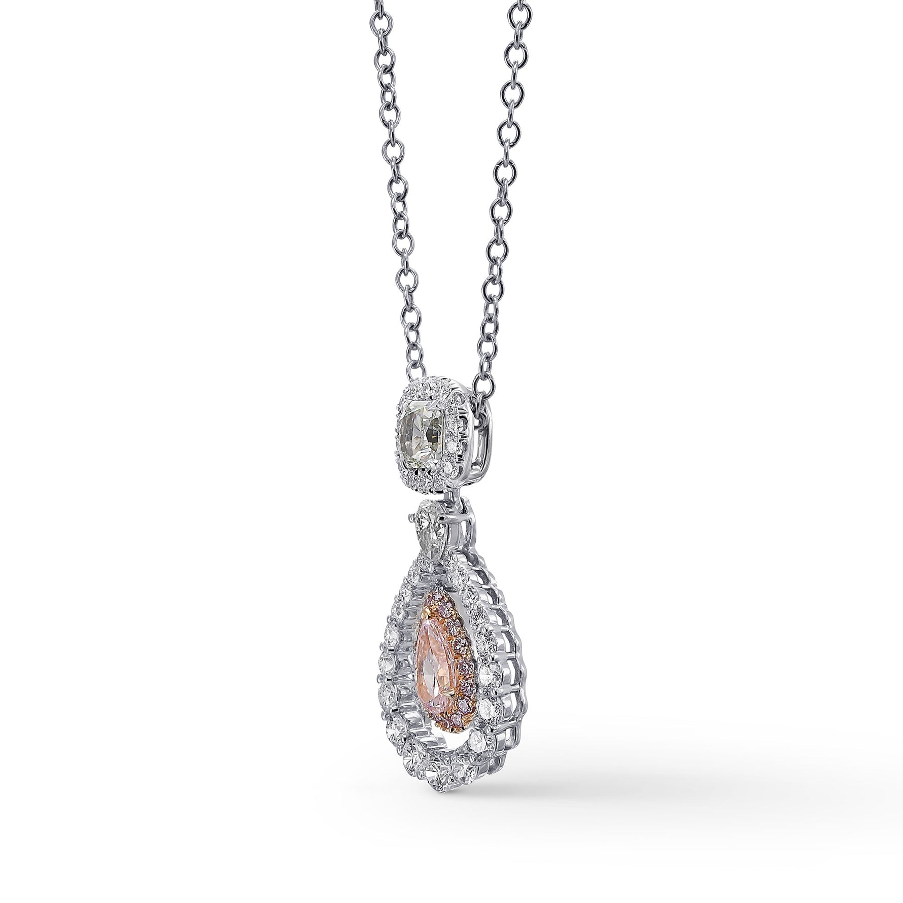 Fancy Light Green Radiant and Fancy Light Pink Pear Diamond Drop Halo Pendant 