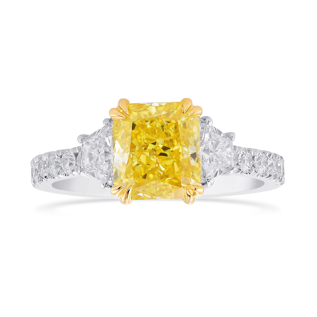Fancy Intense Yellow Radiant & Trapezoid Diamond Pave Side-stone Ring 