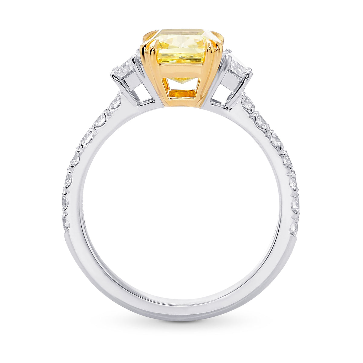 Fancy Intense Yellow Radiant & Trapezoid Diamond Pave Side-stone Ring 
