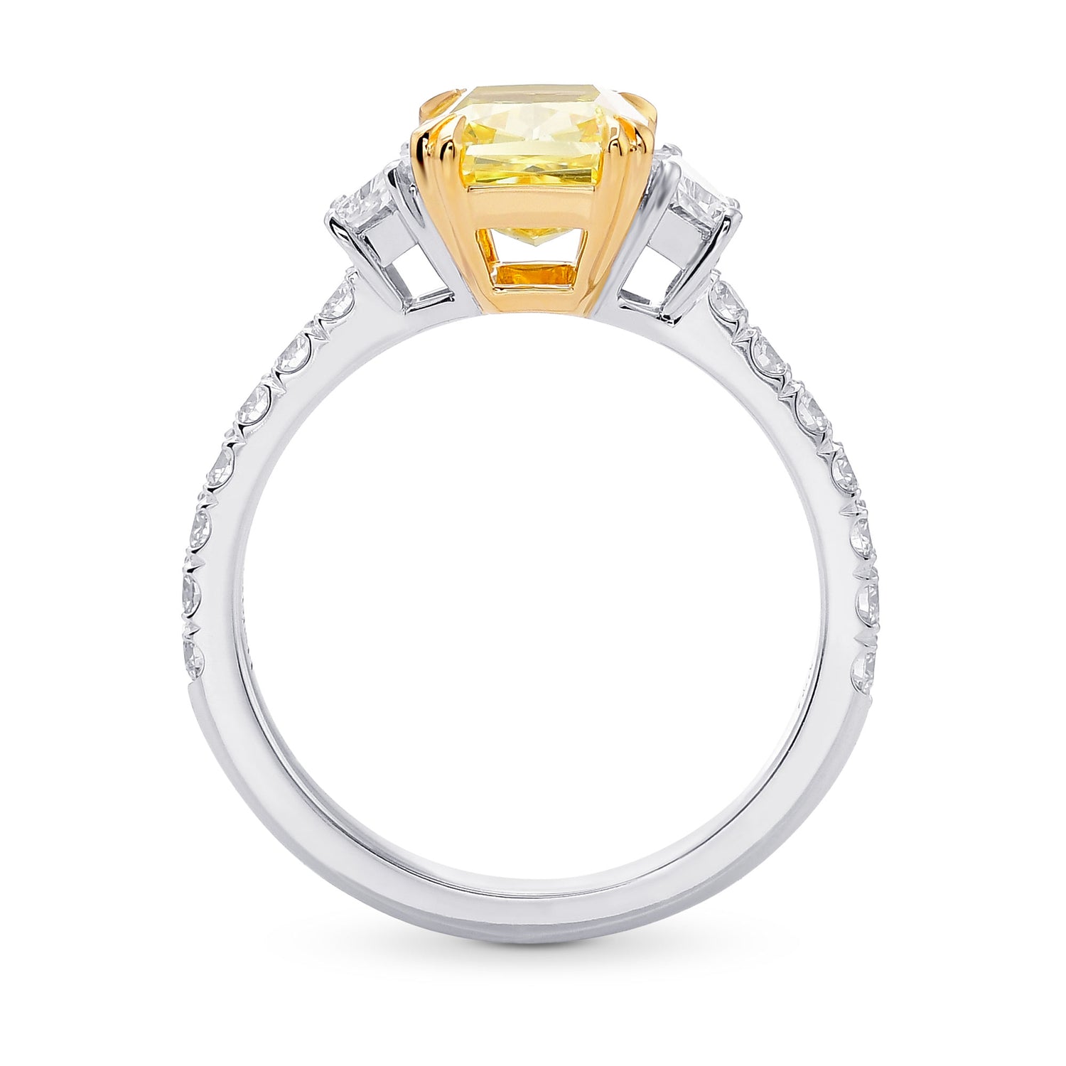 Fancy Intense Yellow Radiant & Trapezoid Diamond Pave Side-stone Ring 