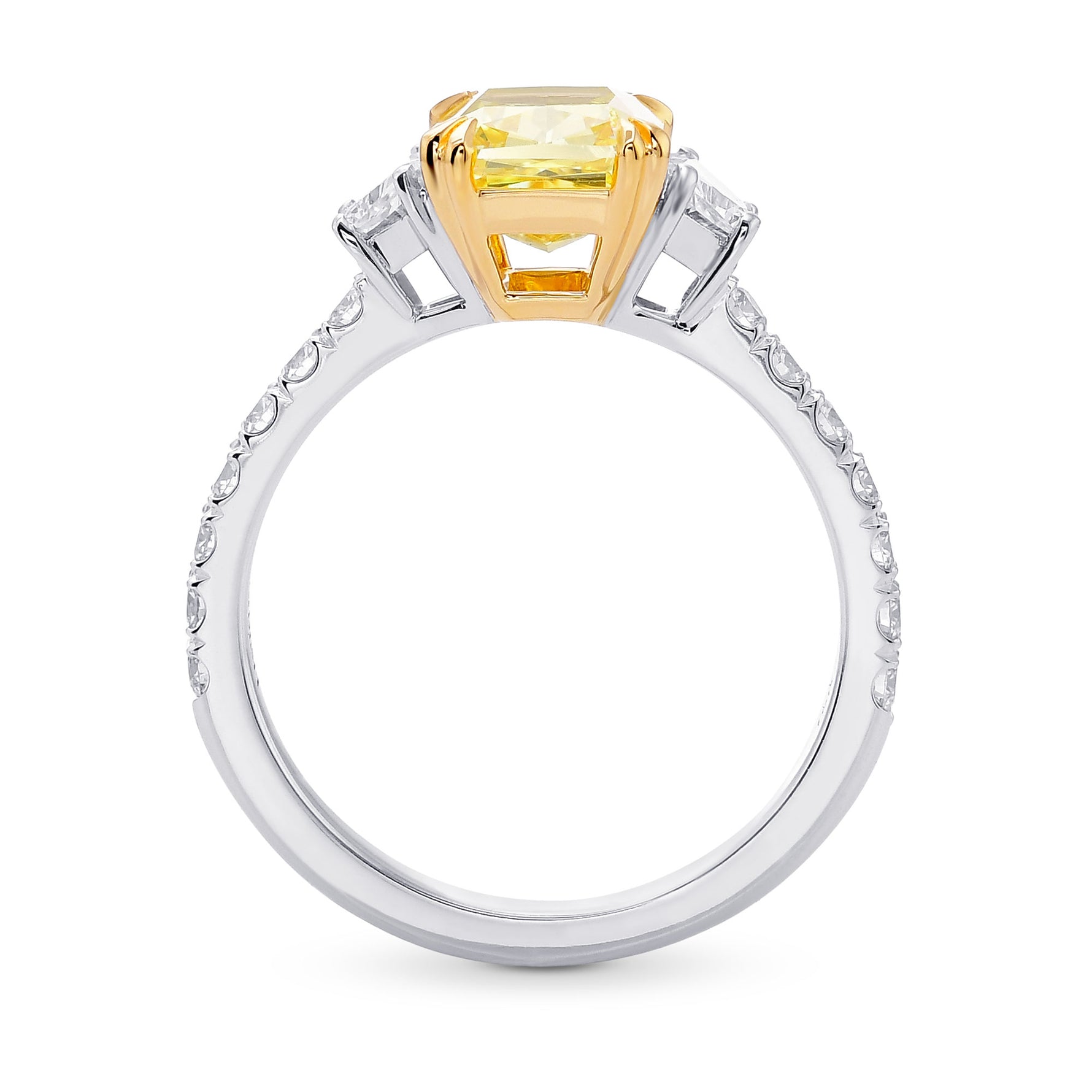 Fancy Intense Yellow Radiant & Trapezoid Diamond Pave Side-stone Ring 