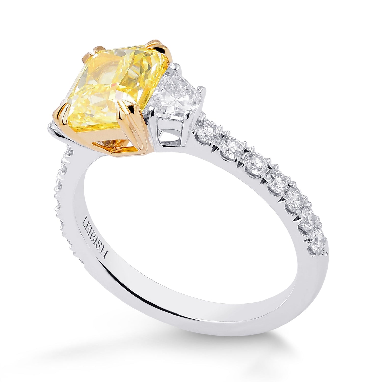 Fancy Intense Yellow Radiant & Trapezoid Diamond Pave Side-stone Ring 