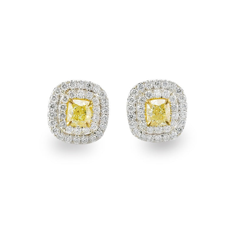Fancy Intense Yellow Cushion Diamond Halo Earrings 