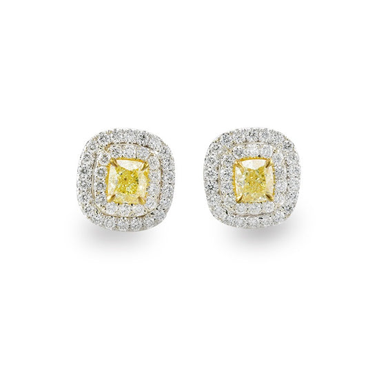 Fancy Intense Yellow Cushion Diamond Halo Earrings 