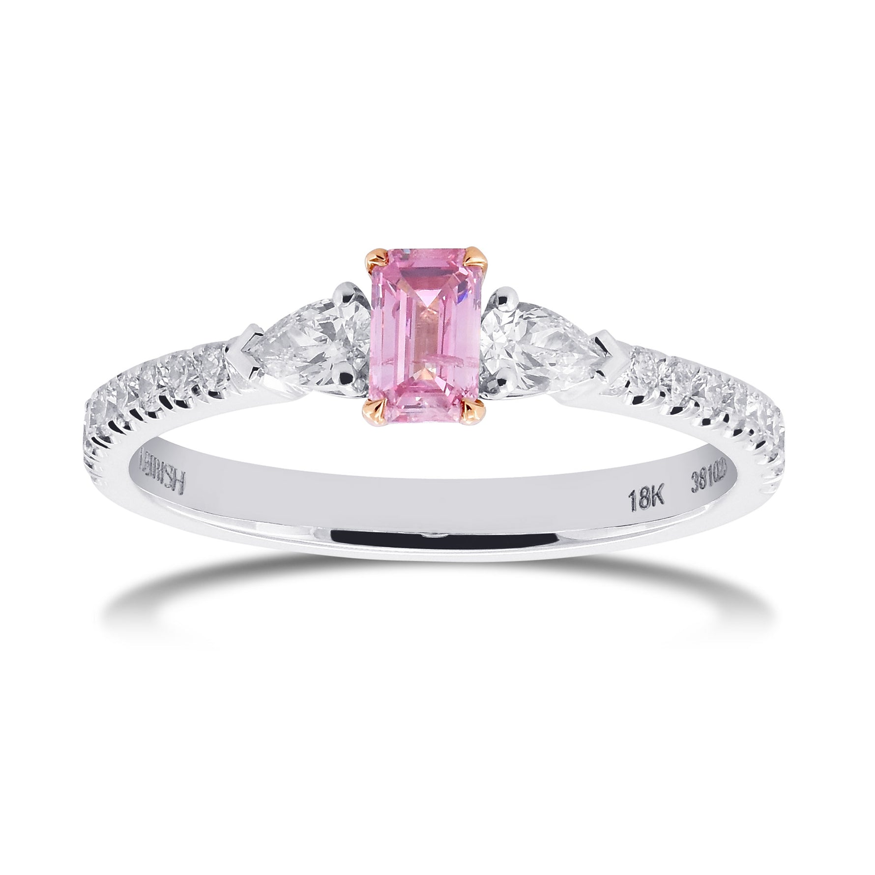 Fancy Intense Purplish Pink Emerald & Pear Diamond 3 Stone Ring