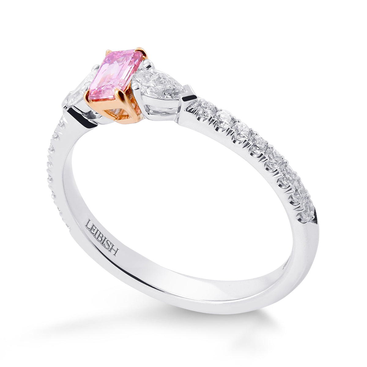 Fancy Intense Purplish Pink Emerald & Pear Diamond 3 Stone Ring