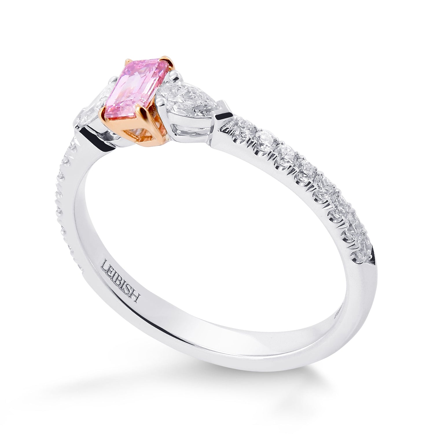 Fancy Intense Purplish Pink Emerald & Pear Diamond 3 Stone Ring