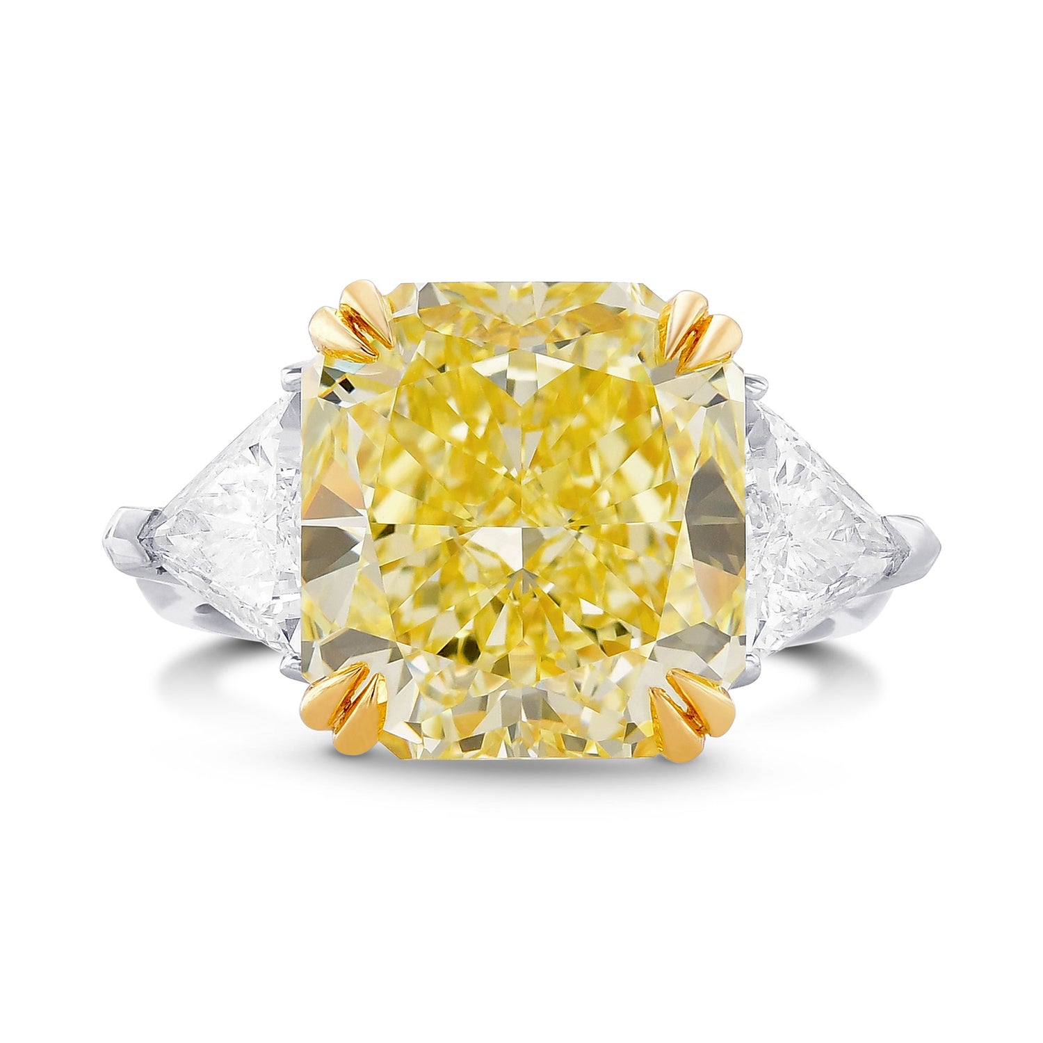 Fancy Intense Yellow Radiant and Triangle 3 Stone Diamond Ring