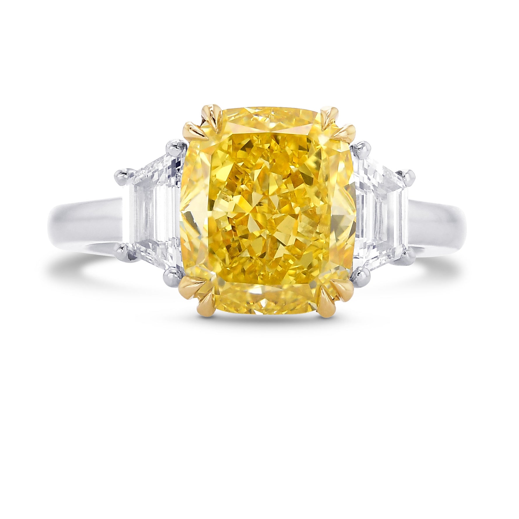 Fancy Vivid Yellow Cushion  Diamond 3 Stones Ring
