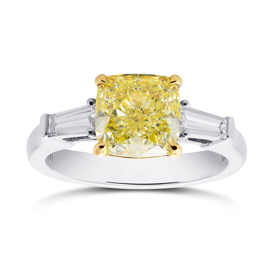 Fancy Yellow Cushion & Taper 3 Stone Diamond Ring