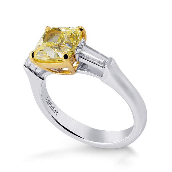 Fancy Yellow Cushion & Taper 3 Stone Diamond Ring