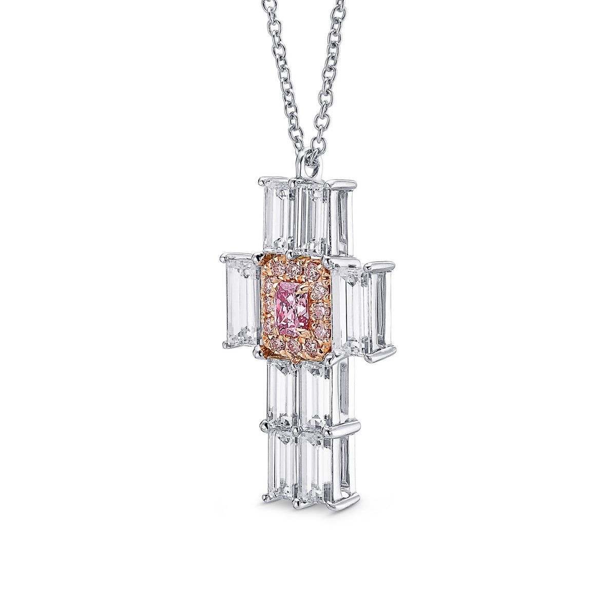 Fancy Intense Pink Radiant & Baguette Diamond Cross Pendant