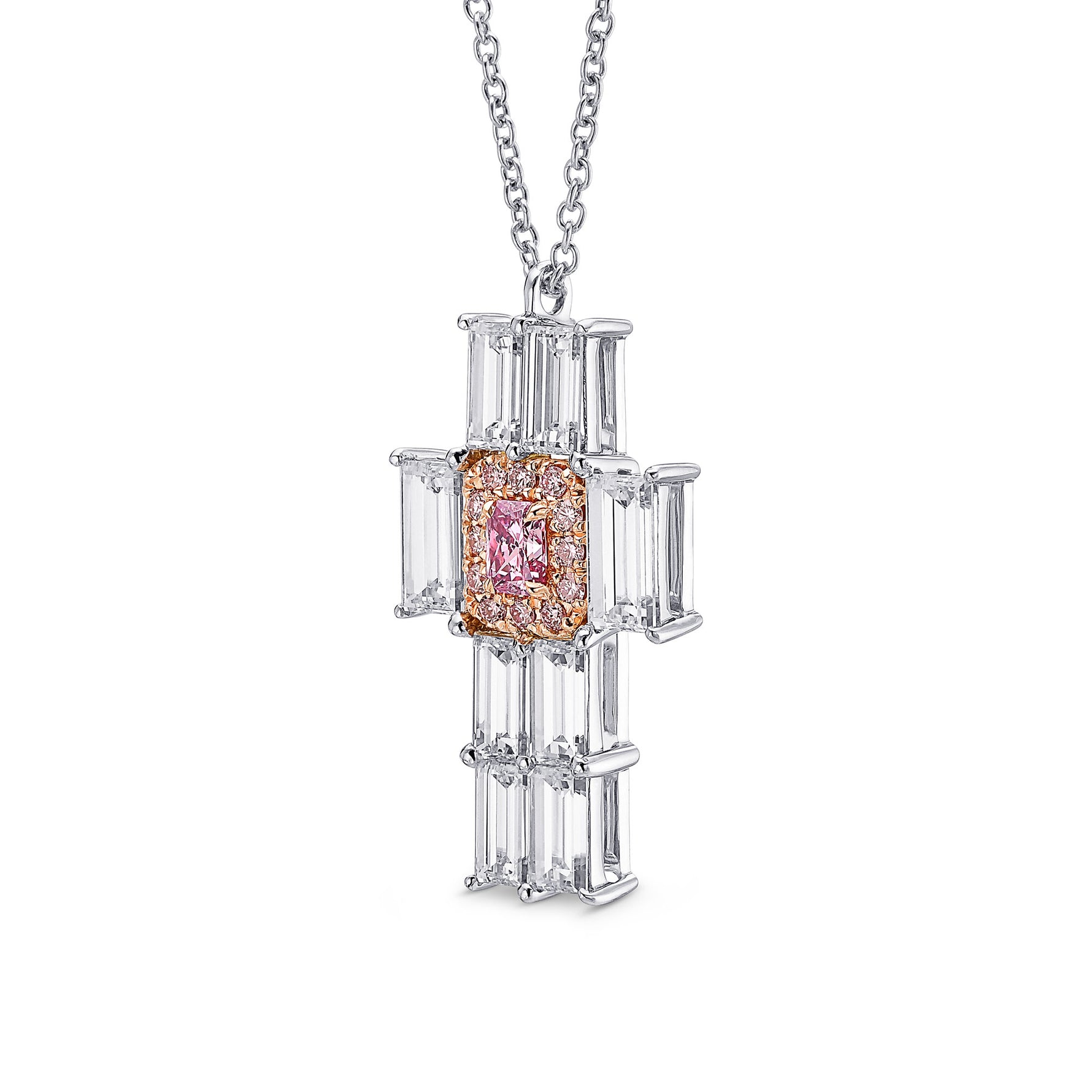 Fancy Intense Pink Radiant & Baguette Diamond Cross Pendant