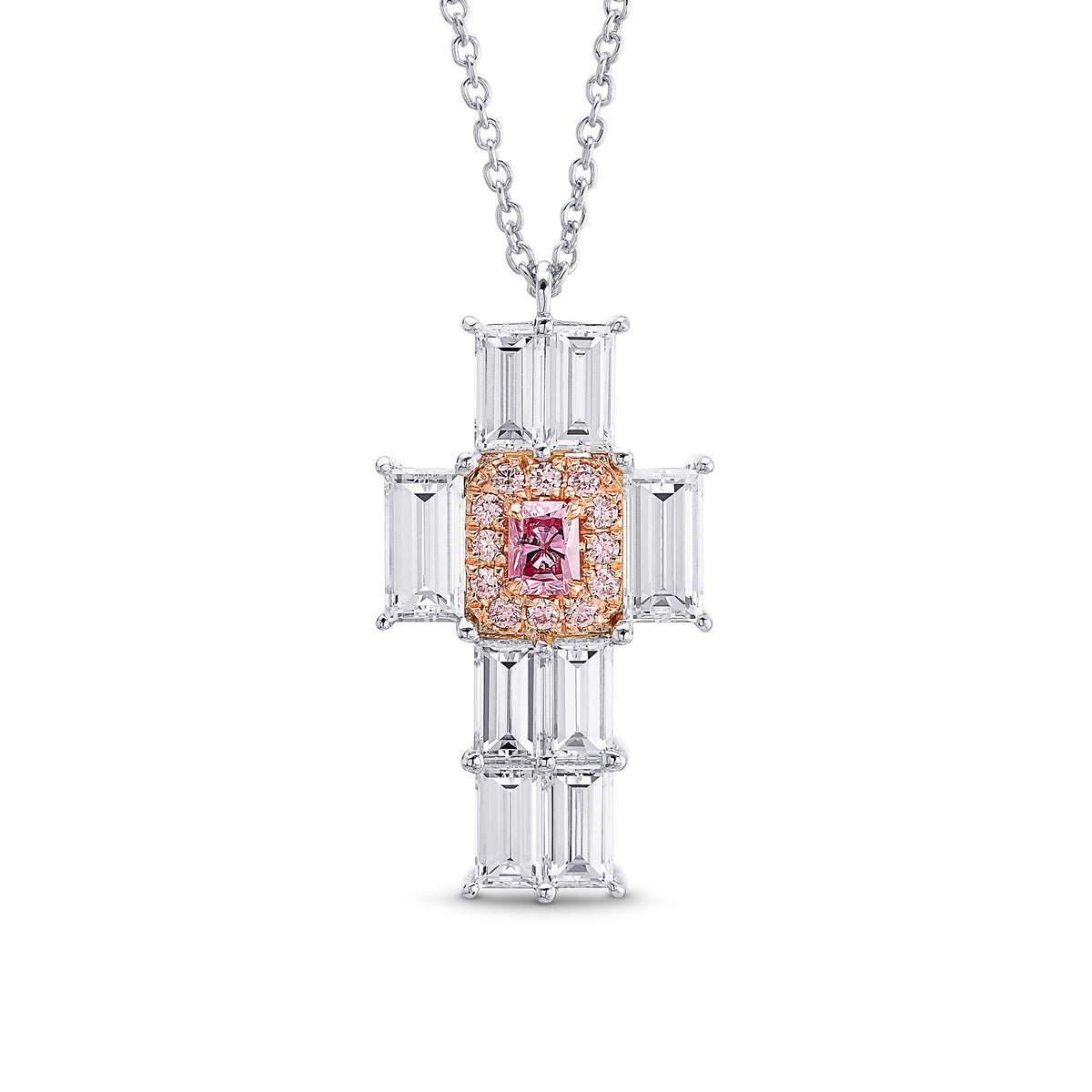 Fancy Intense Pink Radiant & Baguette Diamond Cross Pendant