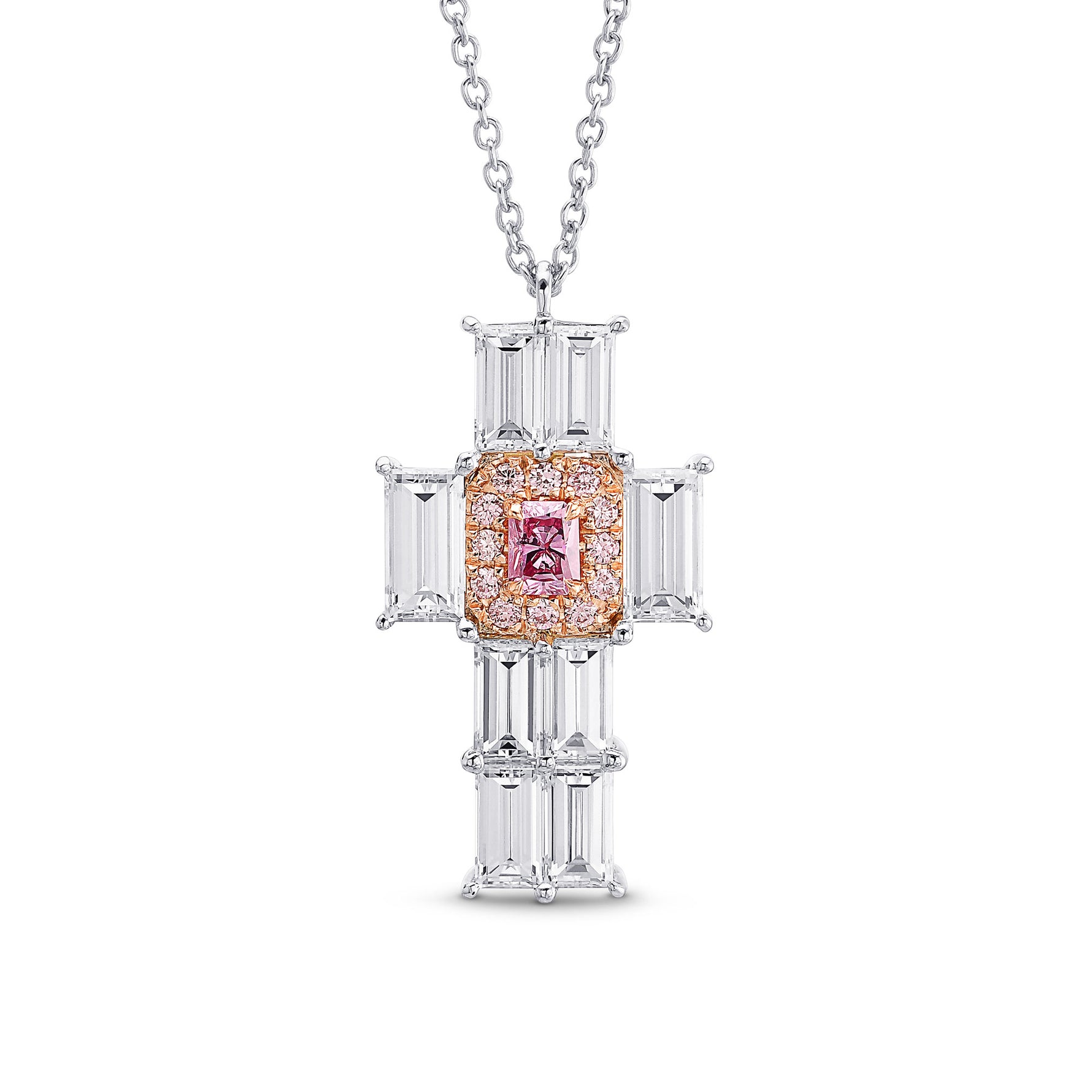 Fancy Intense Pink Radiant & Baguette Diamond Cross Pendant