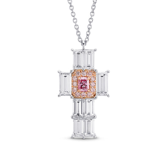 Fancy Intense Pink Radiant & Baguette Diamond Cross Pendant