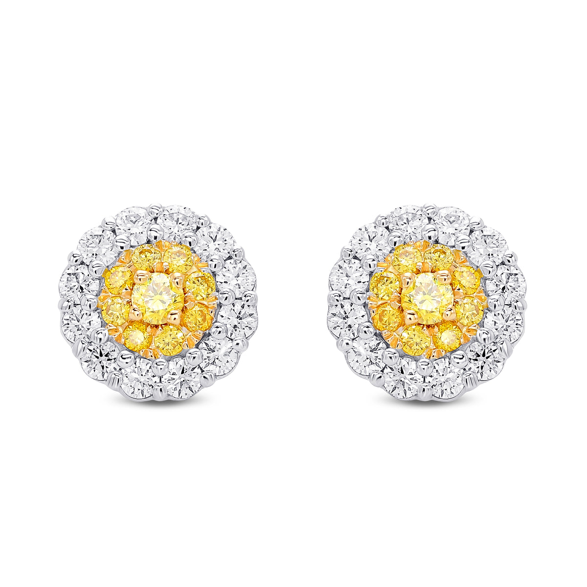 Fancy Intense Yellow  Round Brilliant Double Halo Diamond Earrings