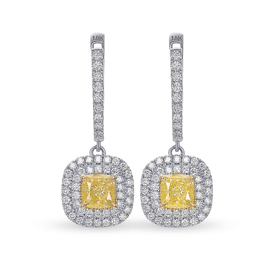 Fancy Light Yellow Diamond Halo Drop Earrings