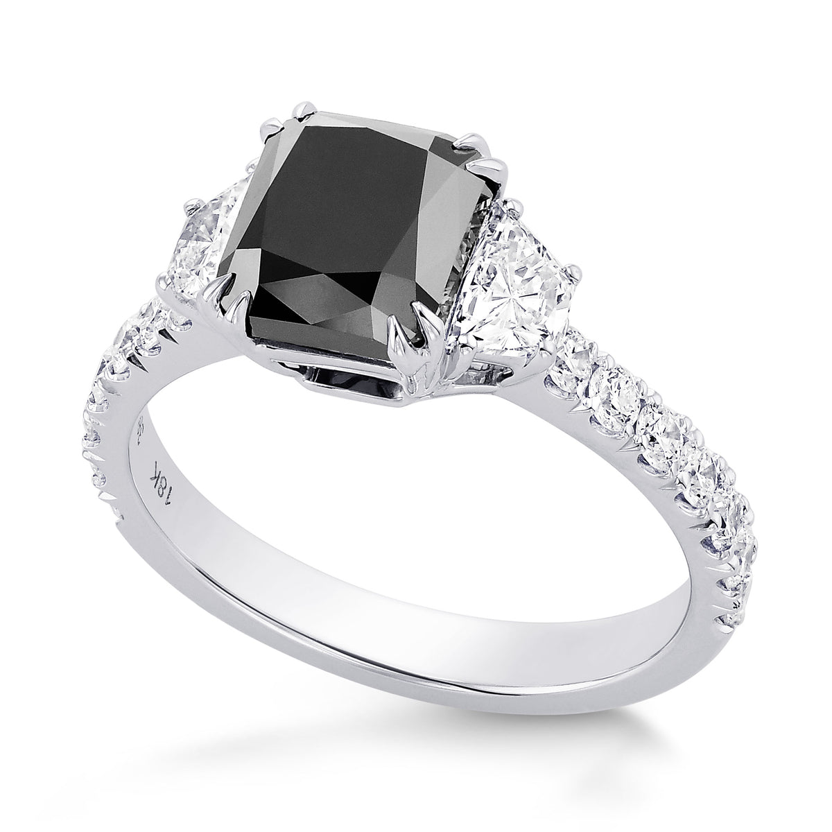 Fancy Black Cushion & Trapezoid Diamond Side-stone Ring 