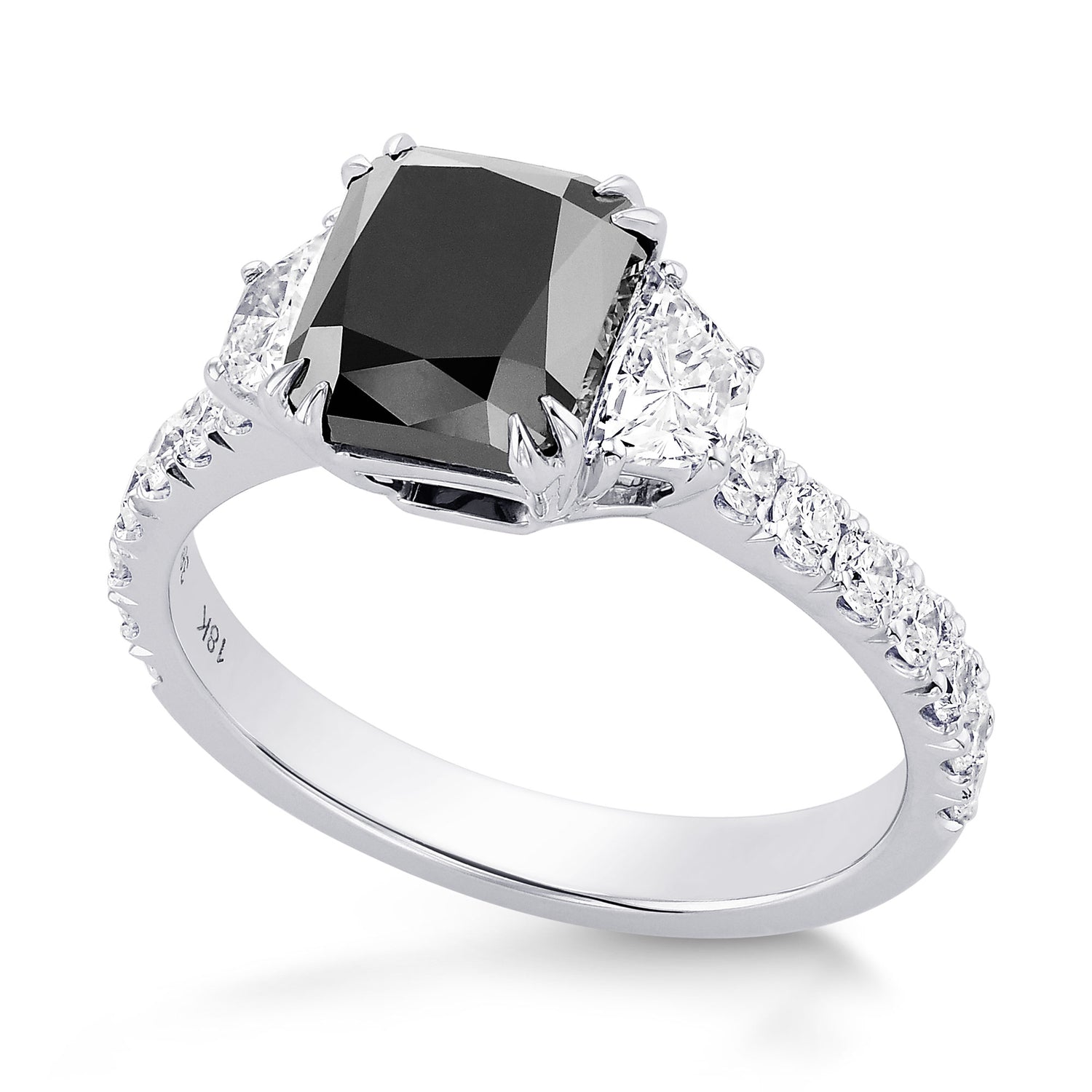 Fancy Black Cushion & Trapezoid Diamond Side-stone Ring 