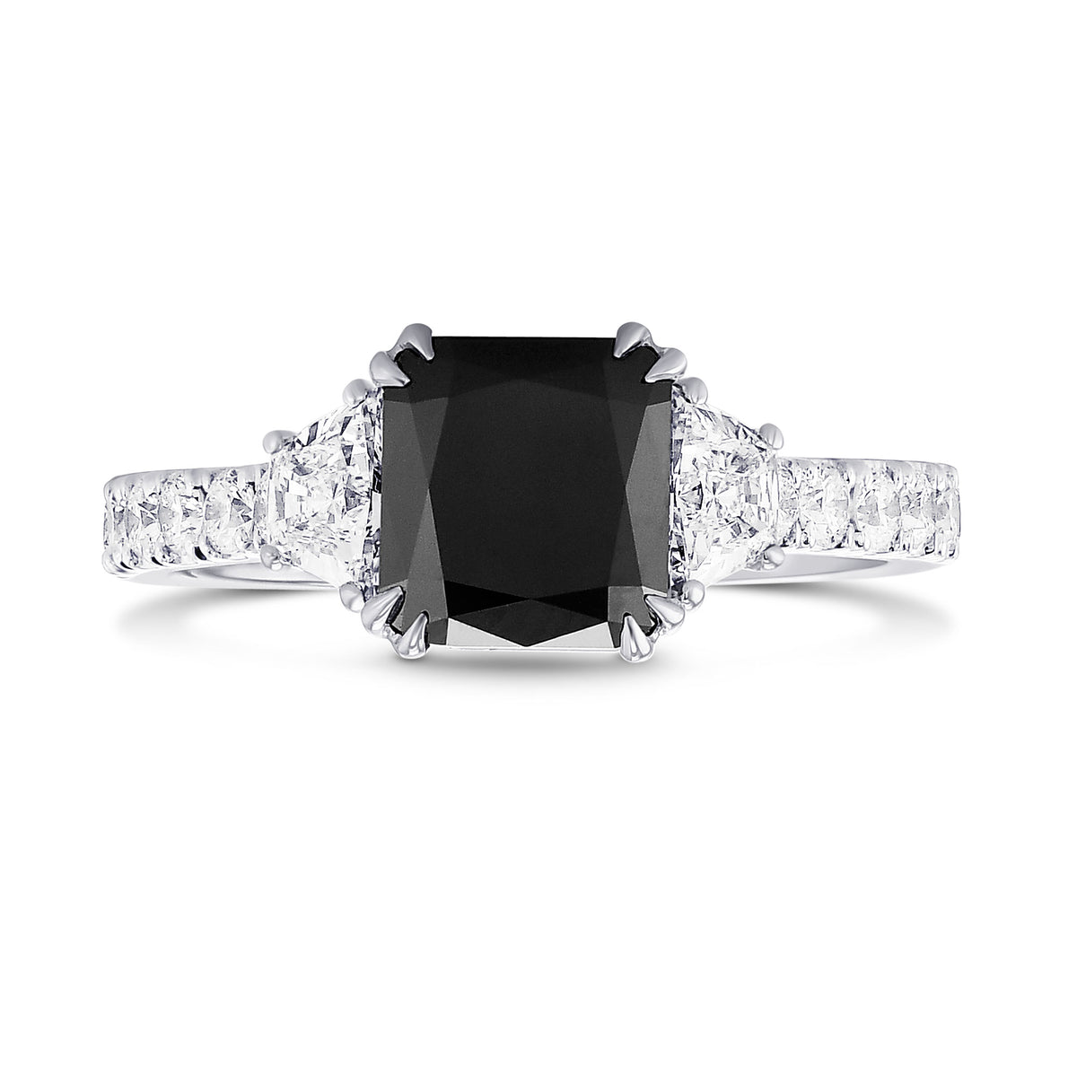 Fancy Black Cushion & Trapezoid Diamond Side-stone Ring 