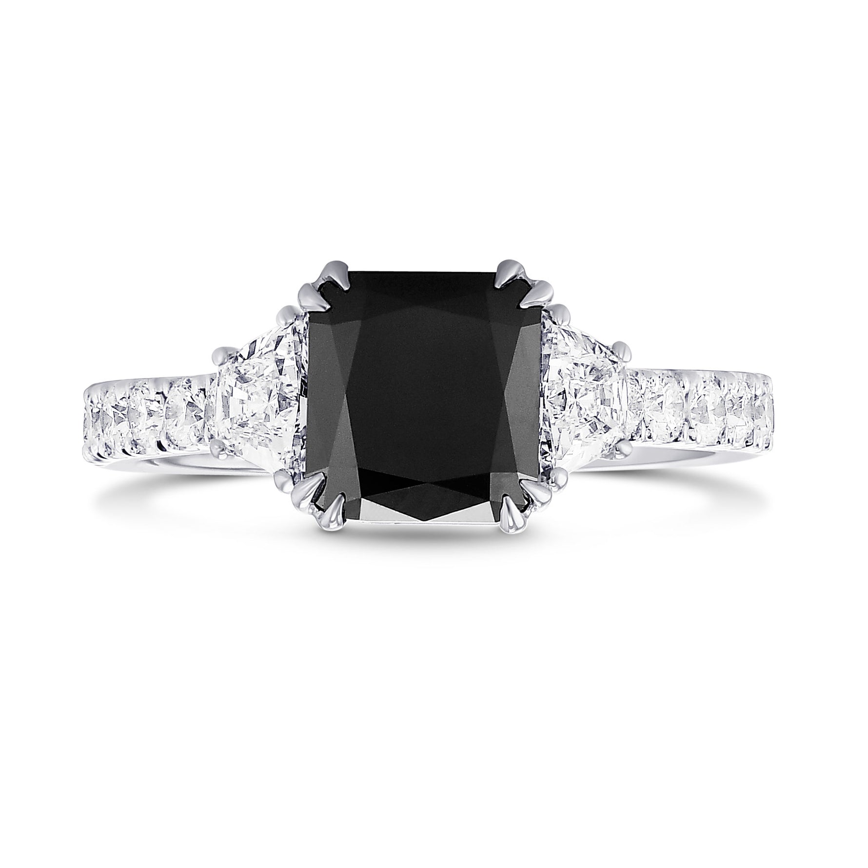 Fancy Black Cushion & Trapezoid Diamond Side-stone Ring 
