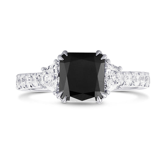 Fancy Black Cushion & Trapezoid Diamond Side-stone Ring 