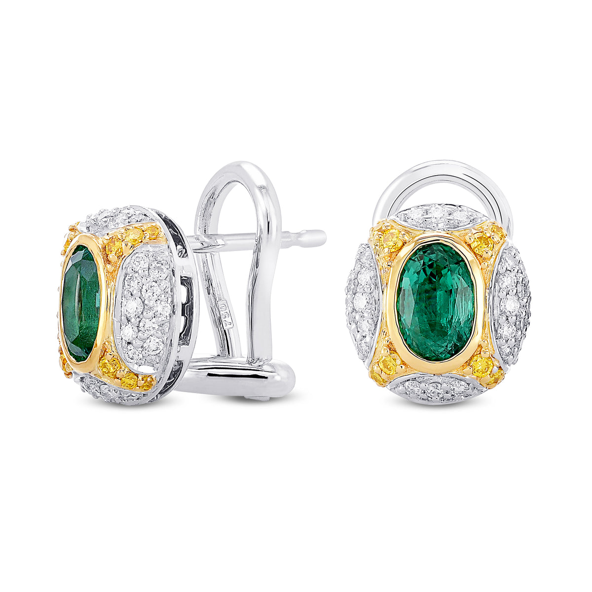 Oval Emerald and Fancy Intense Yellow Diamond Earrings 