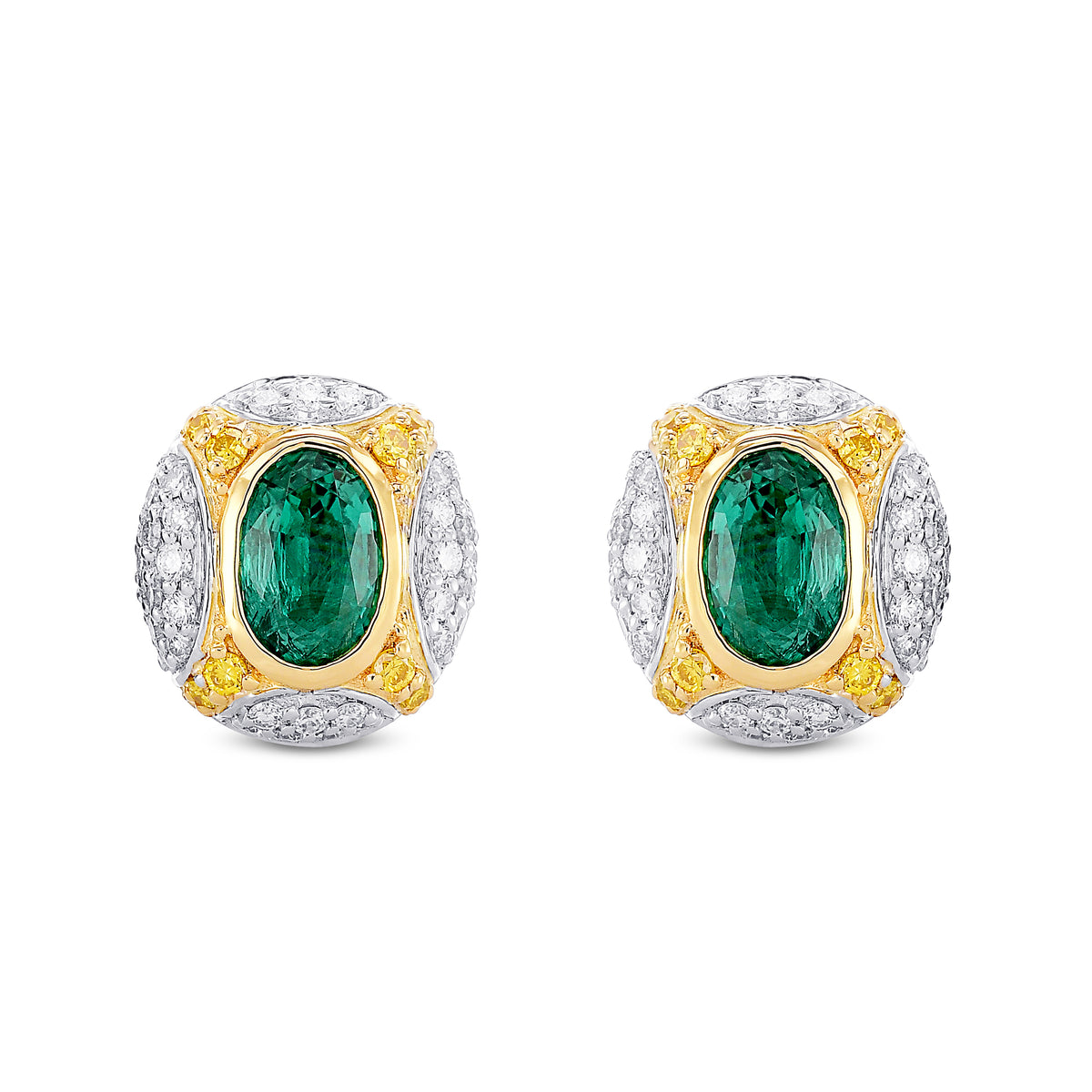 Oval Emerald and Fancy Intense Yellow Diamond Earrings 