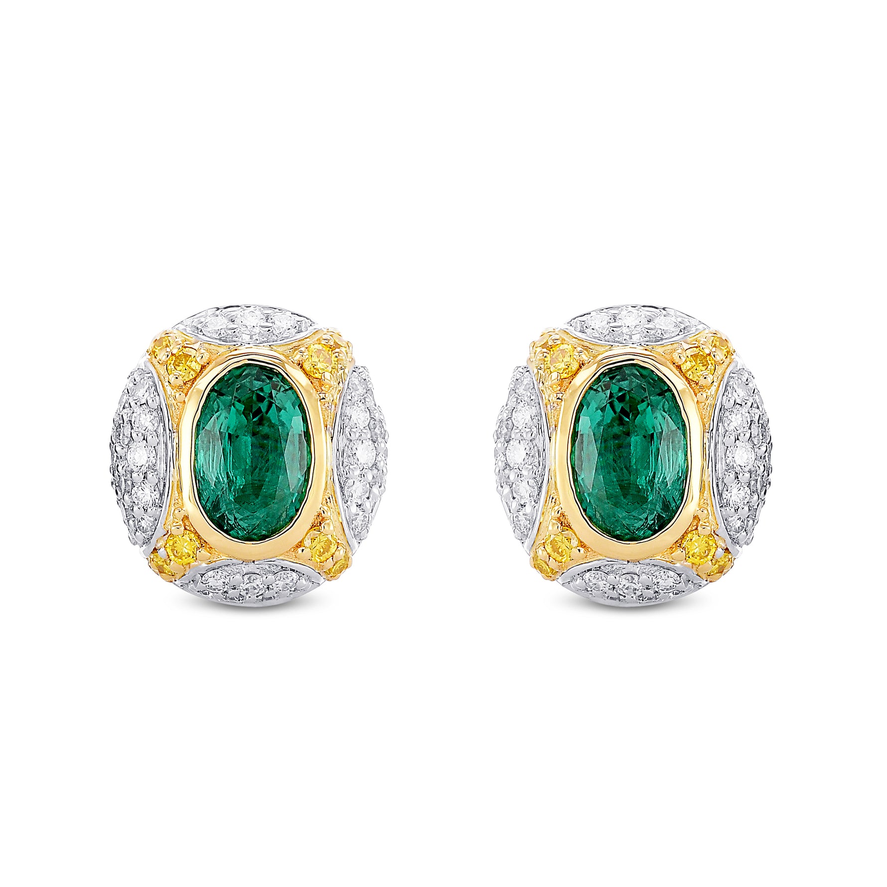 Oval Emerald and Fancy Intense Yellow Diamond Earrings 