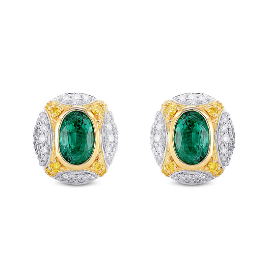 Oval Emerald and Fancy Intense Yellow Diamond Earrings 