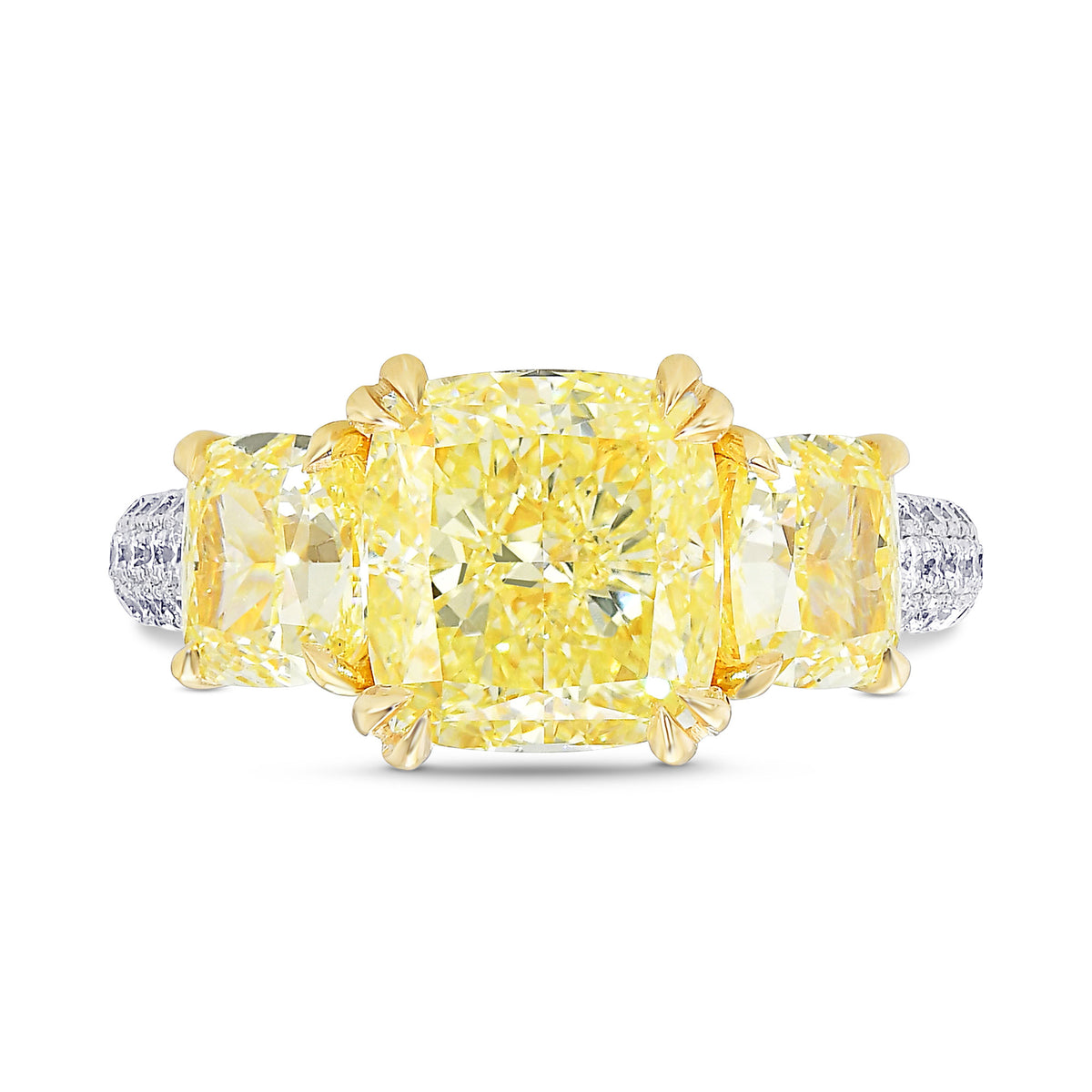 Fancy Light Yellow Cushion 3 Stones Diamond Ring