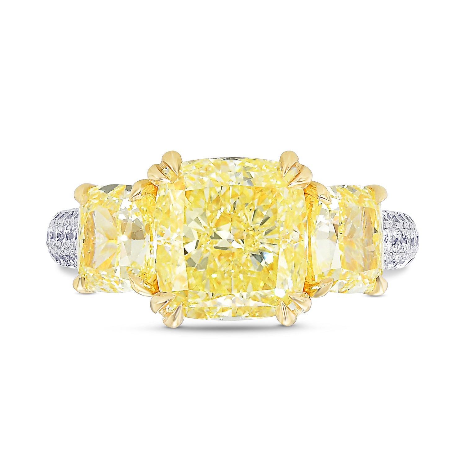 Fancy Light Yellow Cushion 3 Stones Diamond Ring