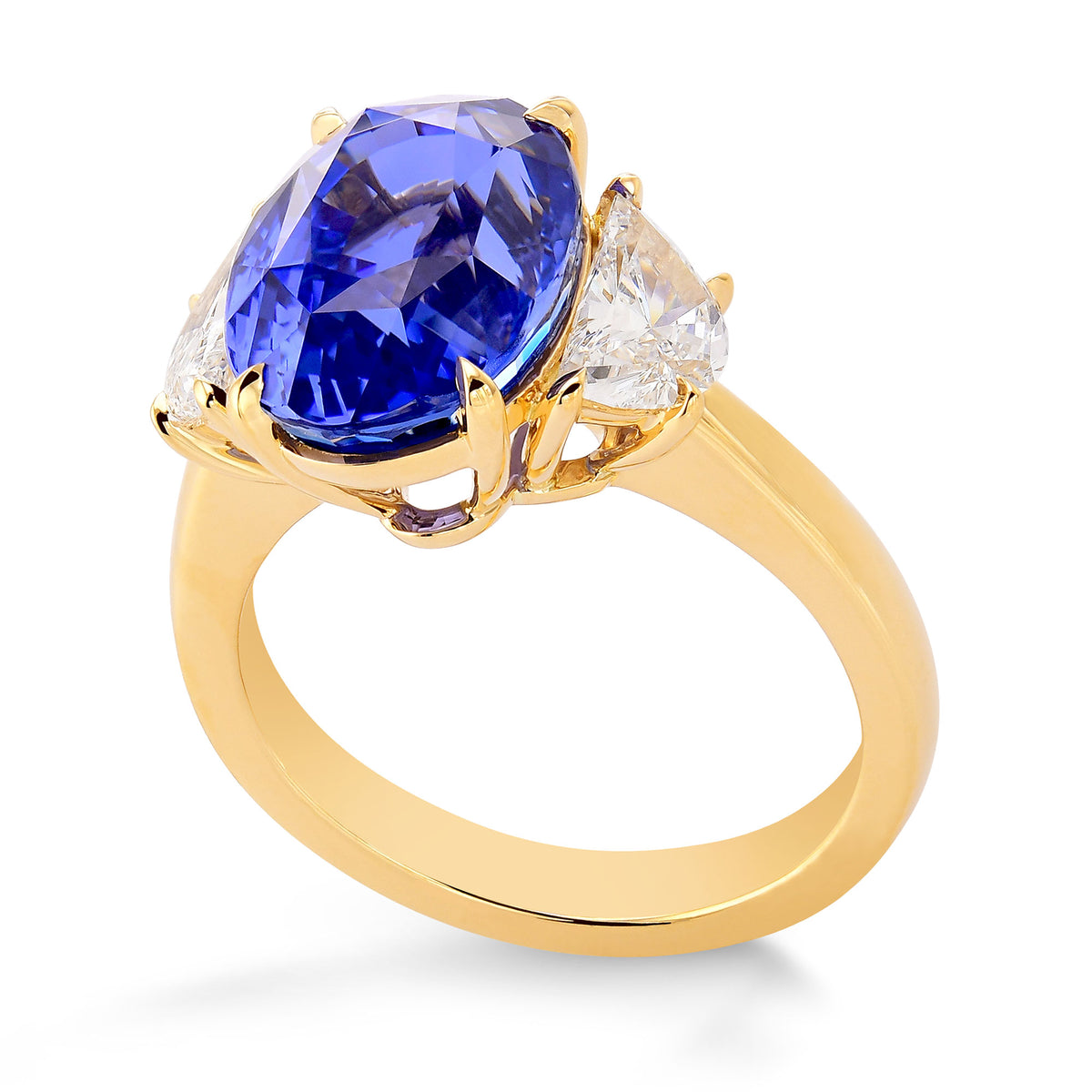 Blue Oval Sapphire & Half-Moon Diamond 3 Stone Ring