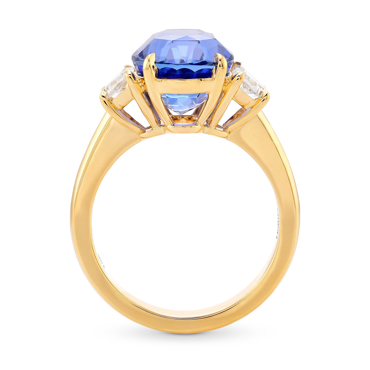 Blue Oval Sapphire & Half-Moon Diamond 3 Stone Ring