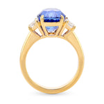 Blue Oval Sapphire & Half-Moon Diamond 3 Stone Ring