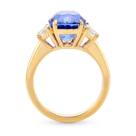 Blue Oval Sapphire & Half-Moon Diamond 3 Stone Ring