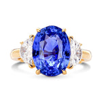 Blue Oval Sapphire & Half-Moon Diamond 3 Stone Ring