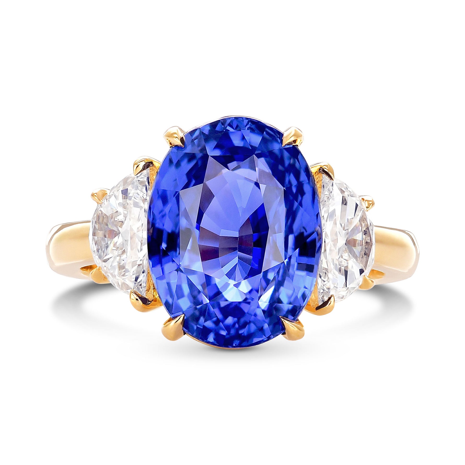 Blue Oval Sapphire & Half-Moon Diamond 3 Stone Ring
