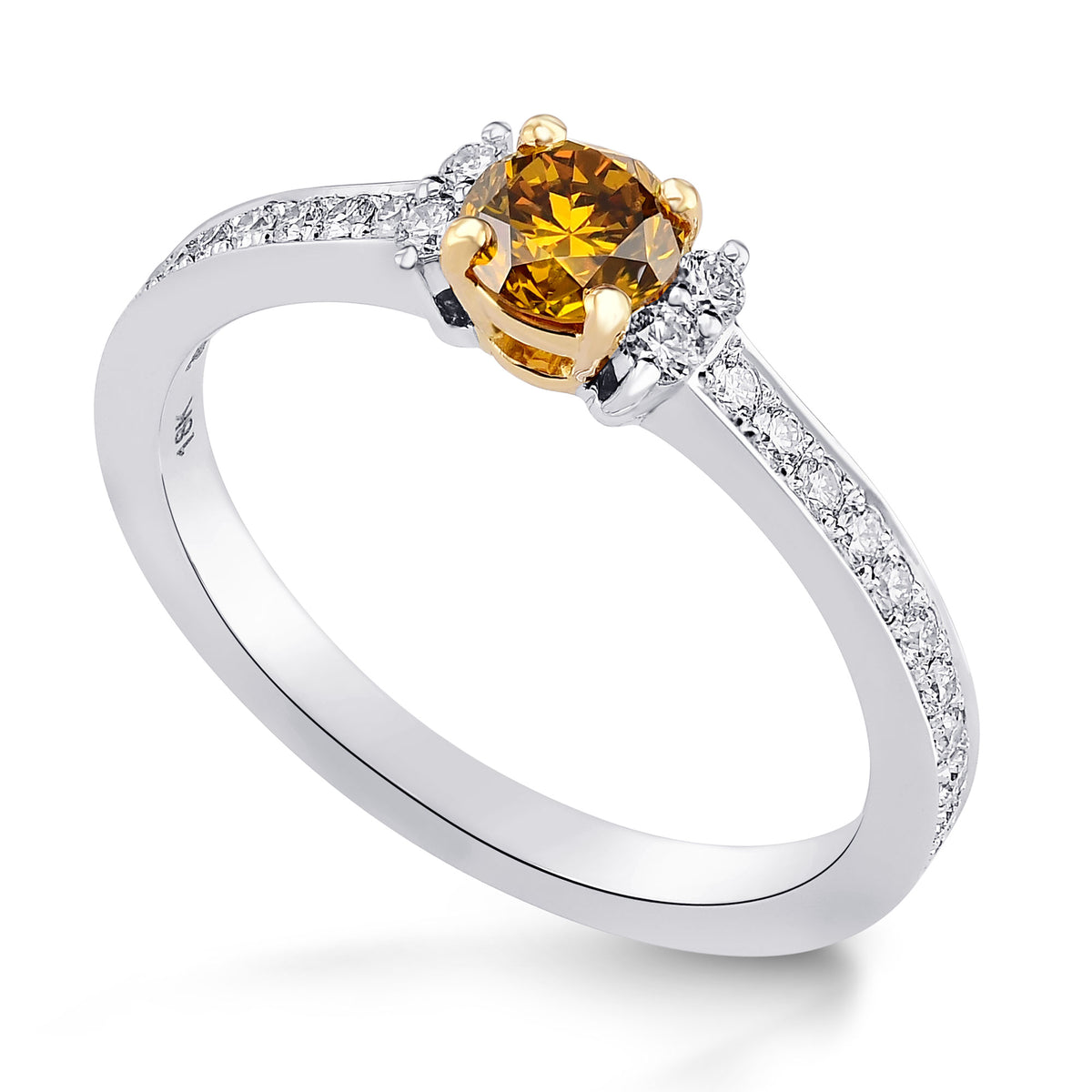 Fancy Deep Orange Yellow Round Diamond Accent & Pave Ring