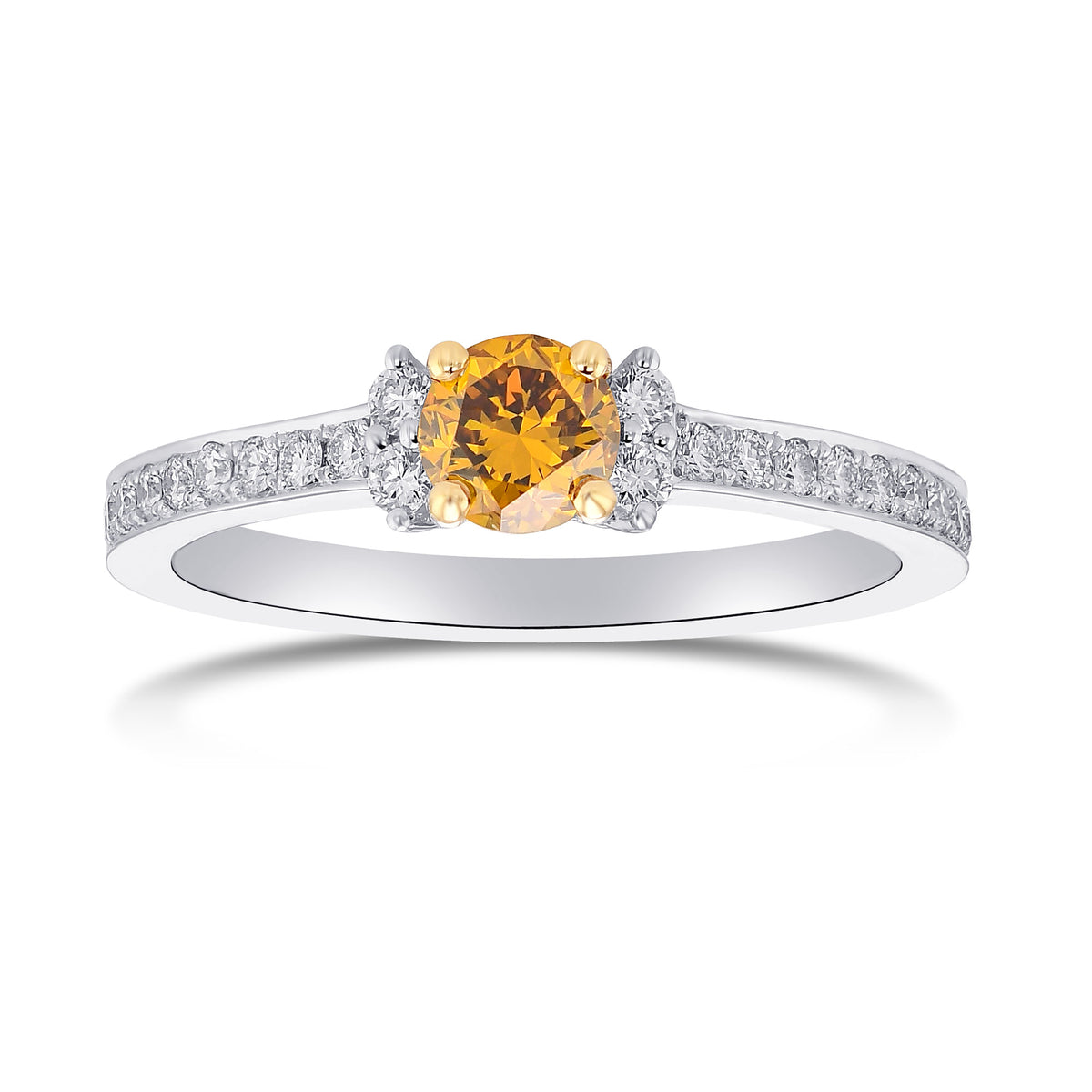 Fancy Deep Orange Yellow Round Diamond Accent & Pave Ring