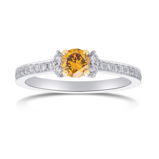 Fancy Deep Orange Yellow Round Diamond Accent & Pave Ring
