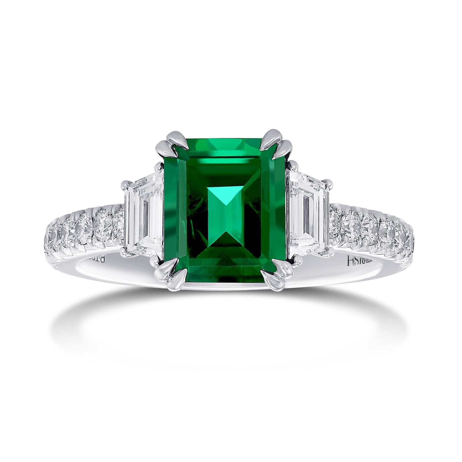 Green Emerald & Trapezoid Diamond Ring 