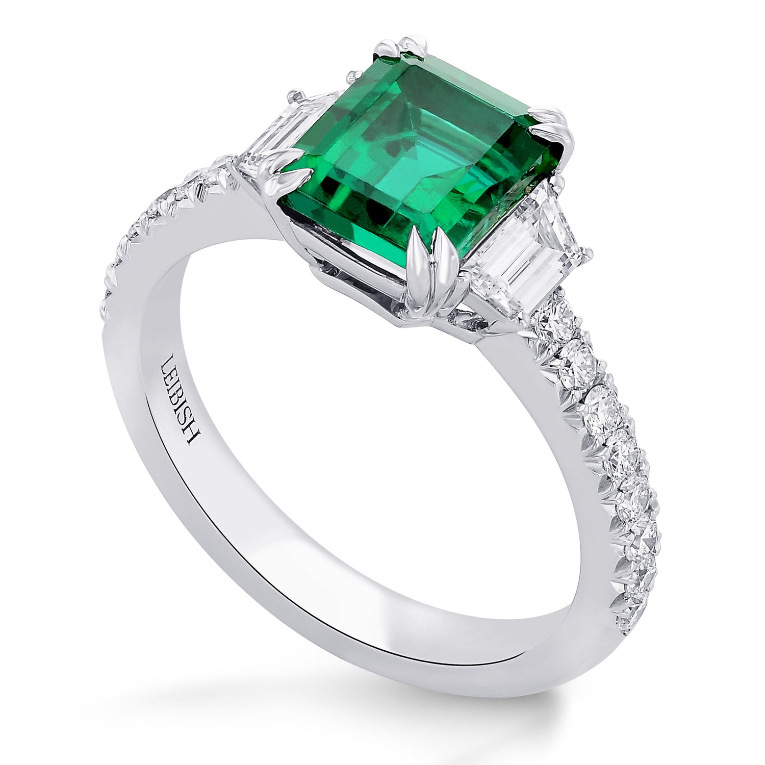 Green Emerald & Trapezoid Diamond Ring 
