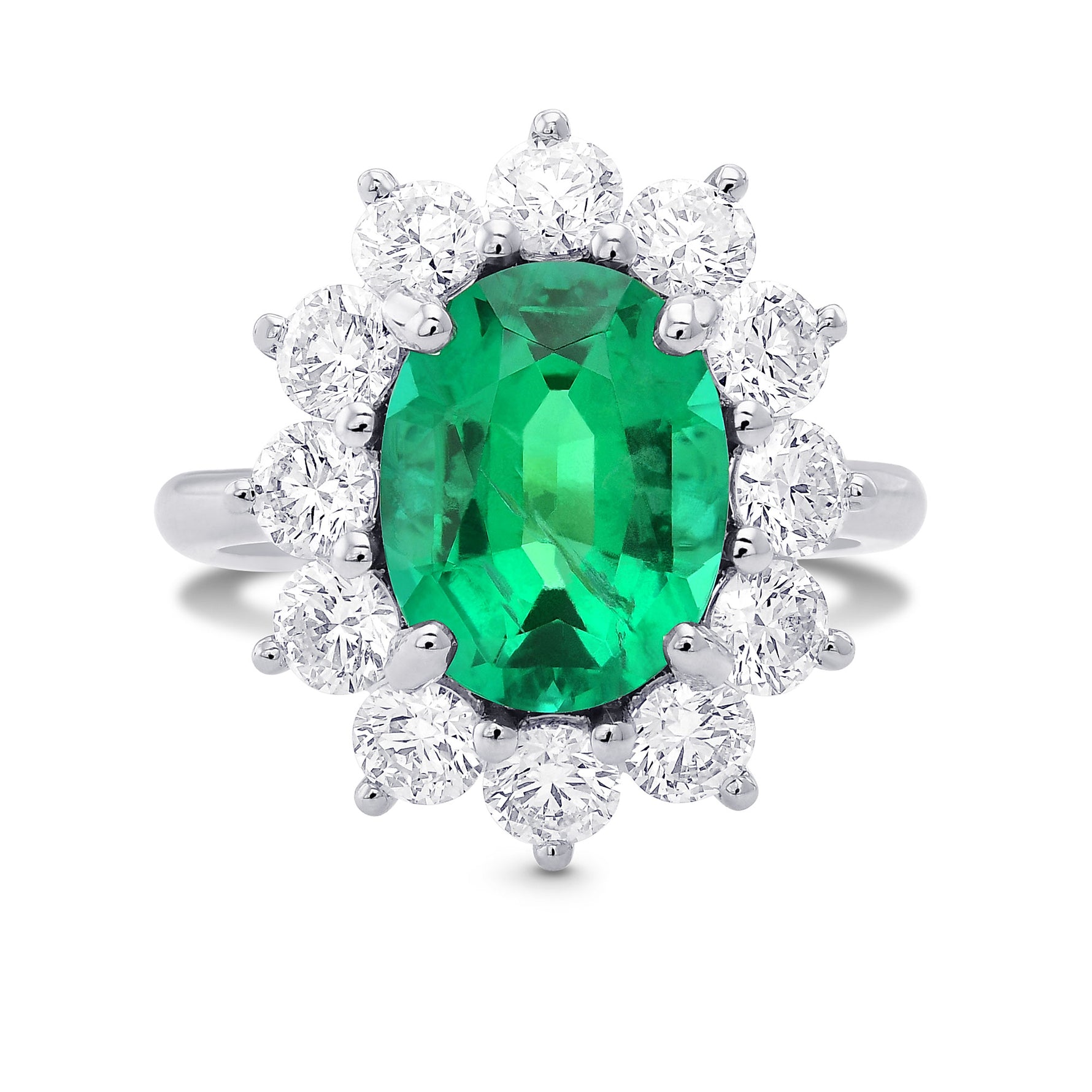  Oval Green Emerald and Diamond Halo Ring