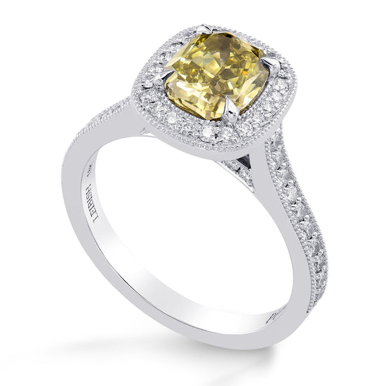 Fancy Dark Brown Greenish Yellow Cushion Diamond Halo Ring