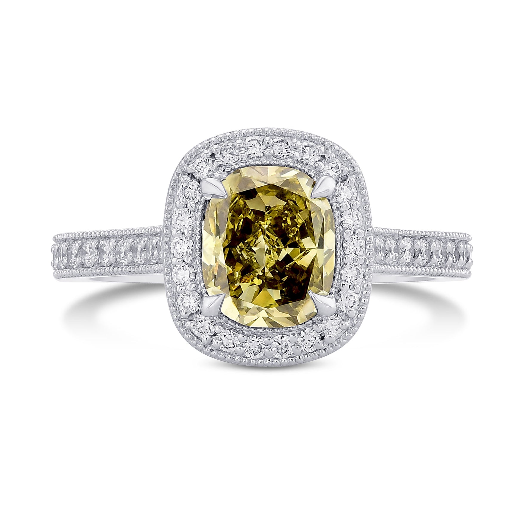 Fancy Dark Brown Greenish Yellow Cushion Diamond Halo Ring