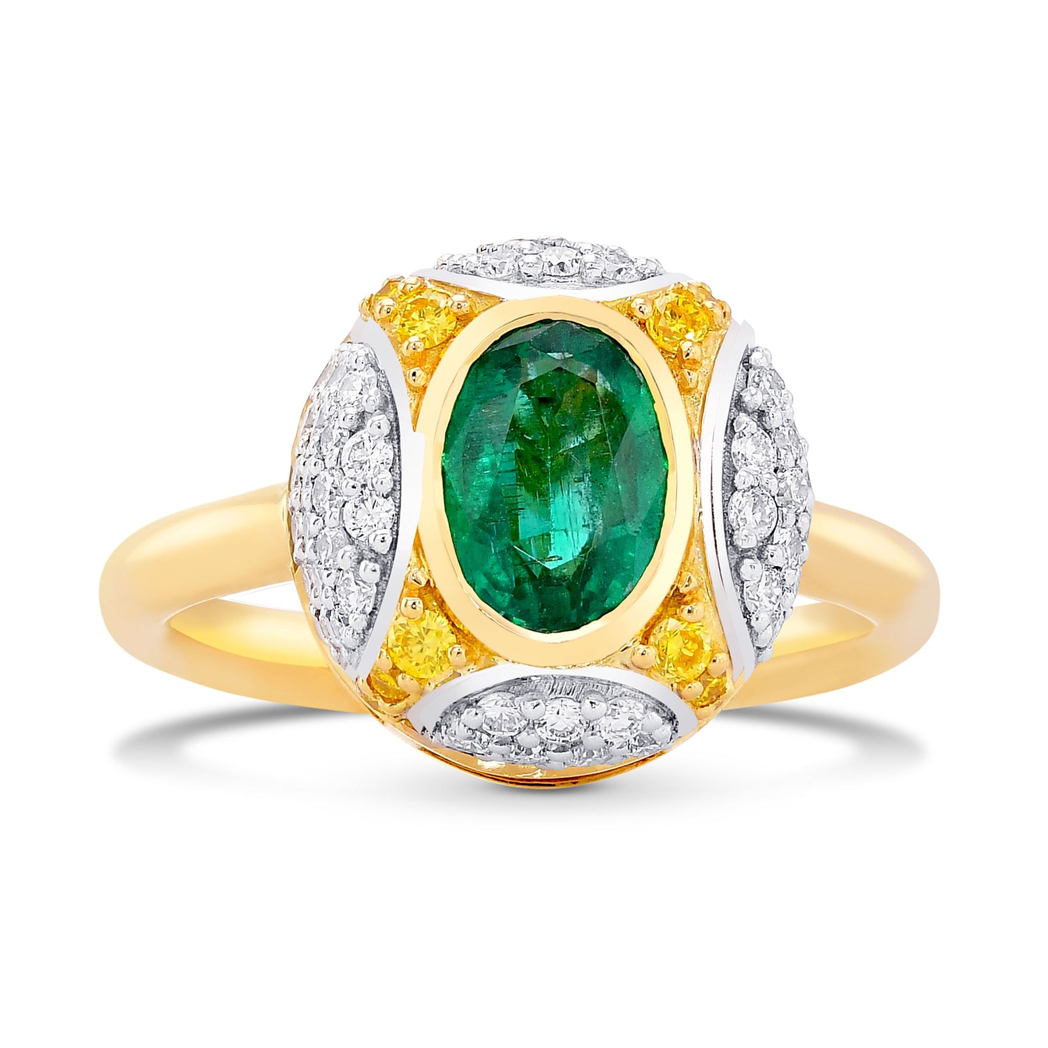 Oval Emerald and Fancy Intense Yellow Diamond Ring 